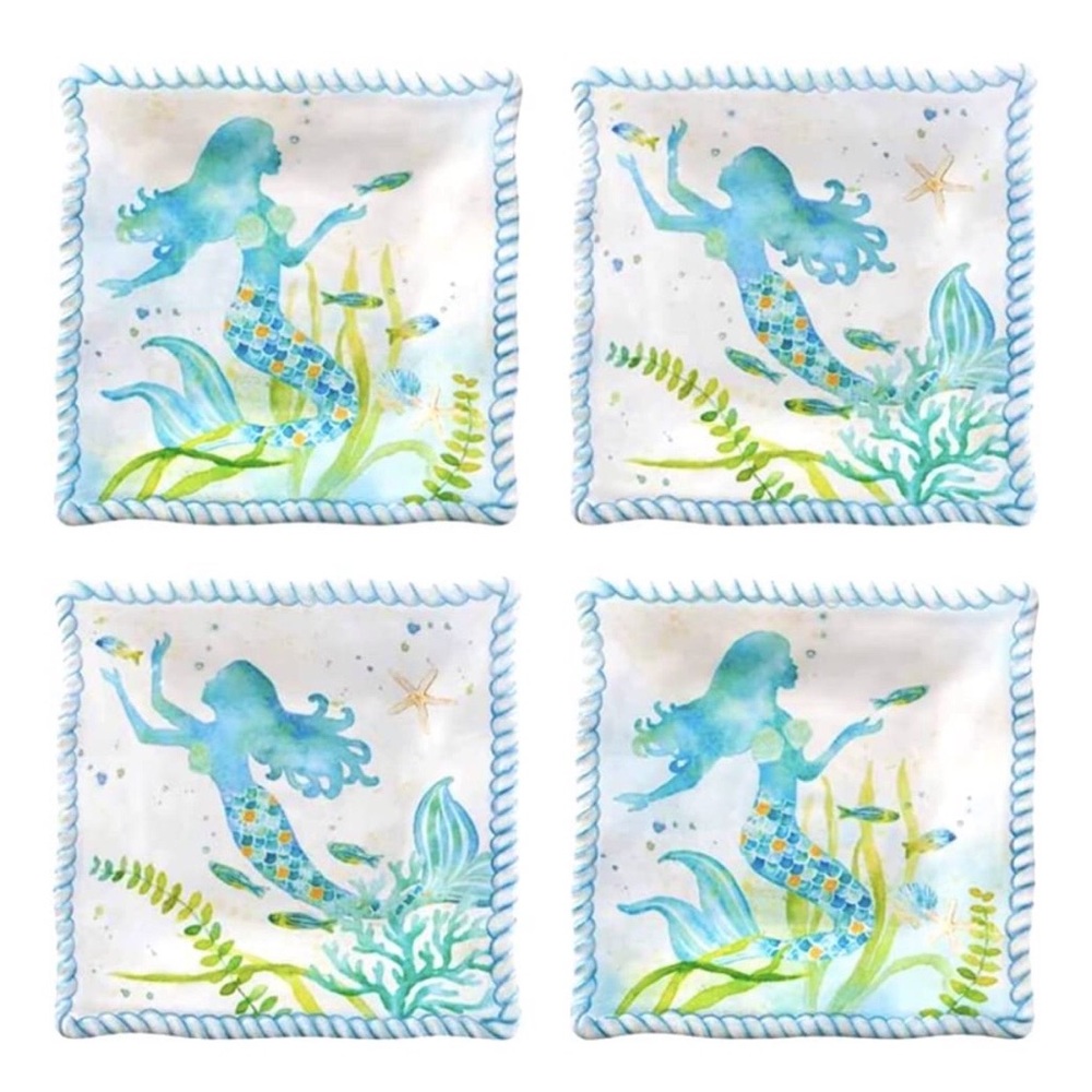 Supreme Housewares Mermaid Melamine Square Appetizer Dessert Plates, Aqua